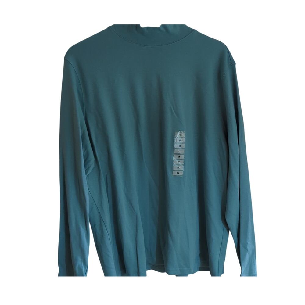NWT Karen Scott 1X Blue/Teal/Aqua 100% Cotton Long Sleeve Turtleneck Top [0081]